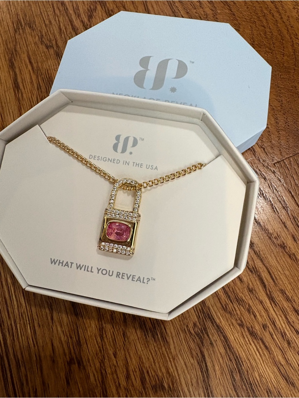 BP Gold-Plated Padlock Necklace with Pink Sapphire Stone
